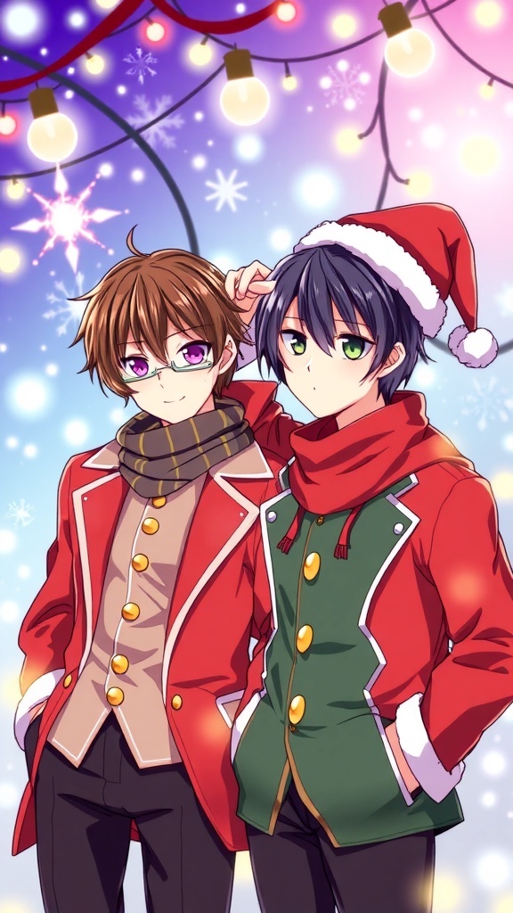 Dazai and Chuuya in Christmas attire, surrounded by festive decorations.